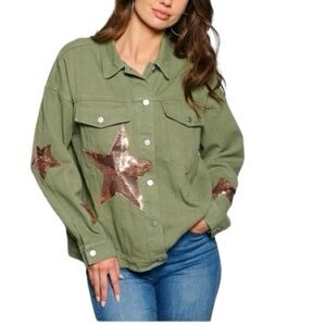 BLUE VELVET Olive Jacket with Gold Sequined Star Accents - RUNS BIG